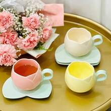 Taza De Tulipan,300 ml Linda Taza De Tulipans,Cerámica Taza De Cafe De Tulipan Trae Una Cuchara,Con asa acogedora, adecuado para fiestas del té, regalos de cumpleaños, Día de la Madre (Amarilla) - Rosa - Ver 10