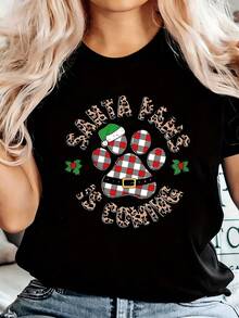 Cozy Plus Size ChristmasT-Shirtfor Women - Casual Crew Neck With Festive Paw Print,Pullover - Black - View 1