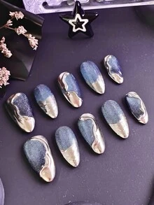 10 sztuk damskich paznokci z cyrkoniami, nakładane paznokcie, zielone paznokcie, szmaragdowe kocie oko, płynny metal, fale wody, kryształ 3D, luksusowy design, akrylowy zestaw sztucznych paznokci o pełnym kryciu z klejem do paznokci, odpowiedni na wieczorne przyjęcie VIP, bankiet, czerwony dywan, wesele, luksusowy prezent dla kobiet, najlepszy prezent dla niej - Wielokolorowe - Zobacz 3