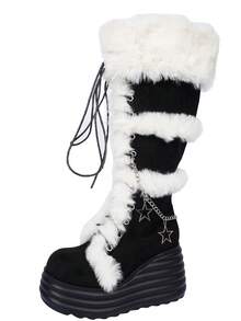 Fall/Winter Thick Sole Round Toe Lace-Up Snow Boots For Women, Furry Tall Riding Boots, Warm