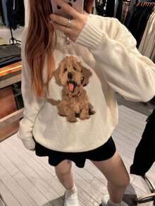 Mejor Women's Autumn/ Winter Casual Cute Animal Dot Print Knitted Sweater Tops Round Neck Puppy Pattern Pullover Long Sleeve Simple Streetwear Y2K Fall Winter Going Out Outftis Clothes School Daily Wear Date - Apricot - View 7