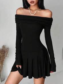 Vestido De Hombros Descubiertos Y Manga Larga De Color Sólido - Negro - Ver 1