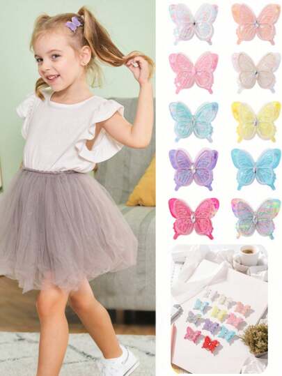 4pcs Random Color Lace Mesh Butterfly Rhinestone Double-Layer 3D Children Hair Clips, Cute Princess Barrettes For Girls