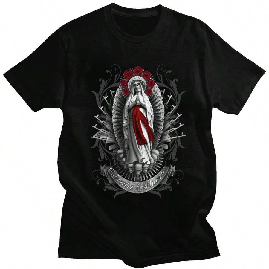 Camiseta divertida de la Santa Muerte, camiseta de calavera mexicana, ropa de Santa Muerte, camiseta de manga corta gótica para hombres - Negro - Ver 1