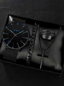 4-Piece Stylish And Simple Men's Gift Set: Disc Casual PU Leather Quartz Watch, Black Cross Necklace, Bracelet And Ring - Men's Business Casual Accessories, The Best Gift For Classmates, Colleagues And Friends