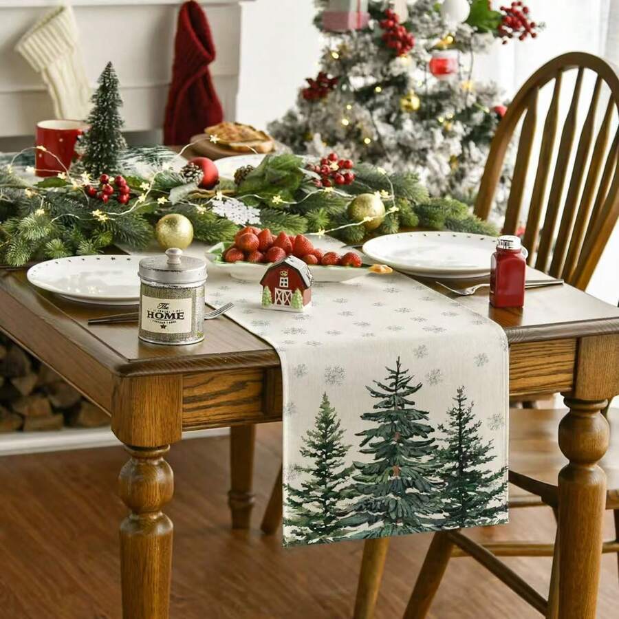 1pc/Set, Pine Tree & Snowflake Christmas Linen Table Runner, Table Runner & Placemat Set, 13*72 Inches/12*18 Inches Seasonal Kitchen Dining Table Decor, Christmas Party Decoration, Home Decor - Green - View 1