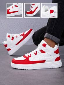 1 par de zapatillas de skateboard de caña alta para hombres, blanco y rojo, cómodas zapatillas casuales con cordones y suela de EVA, adecuadas para uso diario, ir y venir, ocio, fitness, reuniones y talla grande, otoño