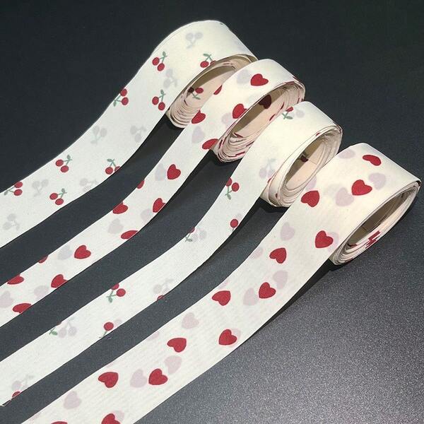 1pc Fashion Cherry Printed Fabric Ribbon, Red Heart Shaped, Suitable For Celebrity Card Decoration, Handmade DIY, Gift Wrapping, Bows, Hair Accessories, Jewelry Display And Packaging