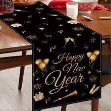 1Pc 2026 Black Gold New Year Linen Table Runner,Happy New Year Table Cover With Balloons,Firework And Gifts Design,183*33cm Linen Cloth Tablecloth,New Year Home Decor,New Year Party Supplies,New Year Celebration Decorations,New Year's Eve Decor,Kitchen Decor,Tabletop Decor
