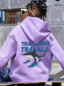 Tween Boy Casual Simple Shark Print Sweatshirt Boys Long Sleeve Sweatshirt Autumn And Winter Student Style - Mauve Purple - View 10