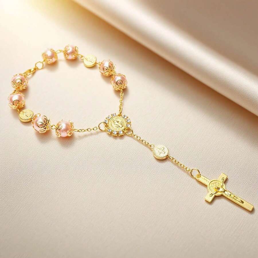 12 Pcs Faux Pearl Car Hanging Ornament | St. Benedict Medal & Cross Pendant | 8mm Beads | Spiritual Charm | Photobooth Props | Party Packs - Hồng - Xem 1