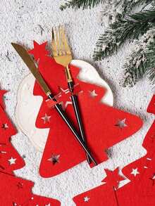 12pcs/24pcs Felt Christmas Tree Cutlery,Christmas Tree Cutlery Fork Pouch Cutlery Decorations Felt Fabric Christmas Party Table Decorations, Christmas Cutlery Storage Bag,Santa Hat Silverware Holder,Christmas Knife And Fork Cover,Christmas Tableware Holder