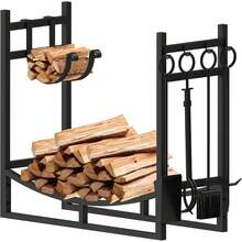 AMOS Large Wide Firewood Stand Log Rack Holder With 4 Piece Fireplace Tools Set Black With Removable Kindling Holder.For Indoor And Outdoor Use - Default - View 1