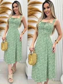 Women's Floral Midi Dress With Light Front Bow - Green - View 5