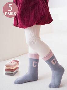 5 Pairs Kids' Thick Thermal Lined Mid-Calf Socks, Warm For Cold Weather, Suitable For Indoor, Outdoor, Sports Wear In Autumn/Winter