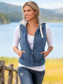 Women's Hooded Puffer Vest, Winter Warm Zip Up Quilted Jacket For Outdoor Casual Wear - Màu xanh lam - Xem 5