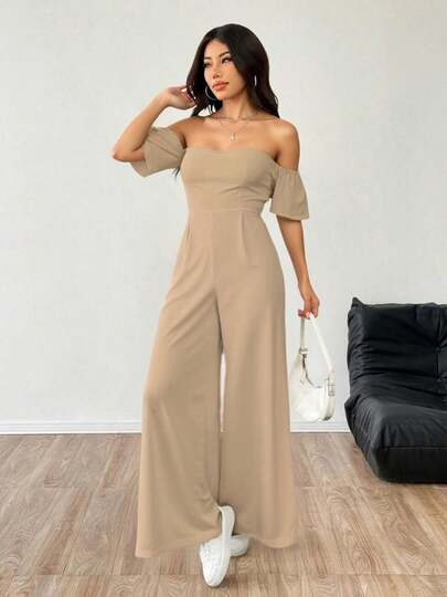 Jumpsuit elegante de pierna ancha con hombros descubiertos para mujer, mono largo bohemio con mangas cortas y volantes para fiesta, tejido muy elástico