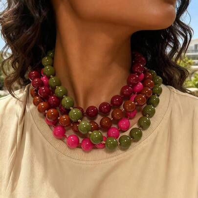 1pc Fashionable Minimalist Versatile Round Acrylic Beaded Necklace For Women, Suitable For Holidays And Everyday Wear