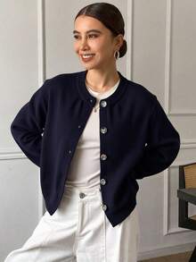 Livesso Cárdigan casual de unicolor, de manga larga para otoño-invierno, chaqueta de ropa de mujer para el otoño - Azul Marino - Ver 9