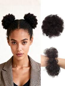2 件 4 英寸弹性发髻，蓬松蓬松卷发髻，天然黑色合成假发适合日常佩戴