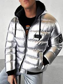 1pc Men's Silver Shiny Reflective Cuff Patch Pocket Design Cold-Resistant Padded Coat, Minimalist Hooded Style, Machine Washable, Versatile Old Money Style, Fall/Winter