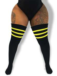 1 双加大码女式条纹过膝袜，彩色条纹过膝袜，大码女式运动腿套，角色扮演动漫袜 - 多色 - 查看 11