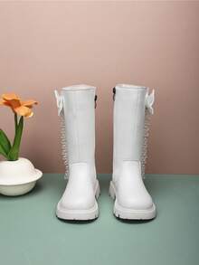 زوج من بوت الأميرات للبنات مزينة بالخرز والدانتيل والفيونكة، ذات نعل سميك وسحاب جانبي، طراز أميرة، مناسبة للاستخدام اليومي والمدرسة وحفلات الأميرات والموضة (لون البطانة عشوائي أسود أو أبيض)