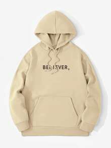 Zrgoth 男士标语印花抓绒连帽衫，秋冬街头风 - 杏色 - 查看 4