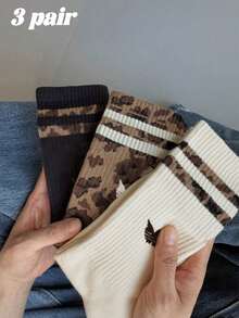 3 Pairs Women's Leopard Print Double Stripe Mid-Calf Socks, Fashion Minimalist Casual Design Retro Street Style, Suitable For Everyday Wear Christmas Gift - Multicolor - View 16