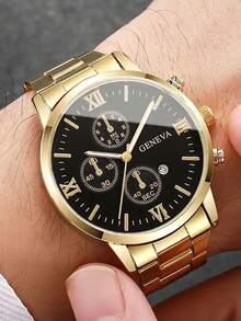 Set de 4 relojes de cuarzo de moda casual con caja redonda, gran valor, conjunto de relojes de pulsera para jóvenes, correa de acero y piel de PU, diseño de calendario, adecuado para uso diario, fiesta, regalo, cumpleaños, Navidad