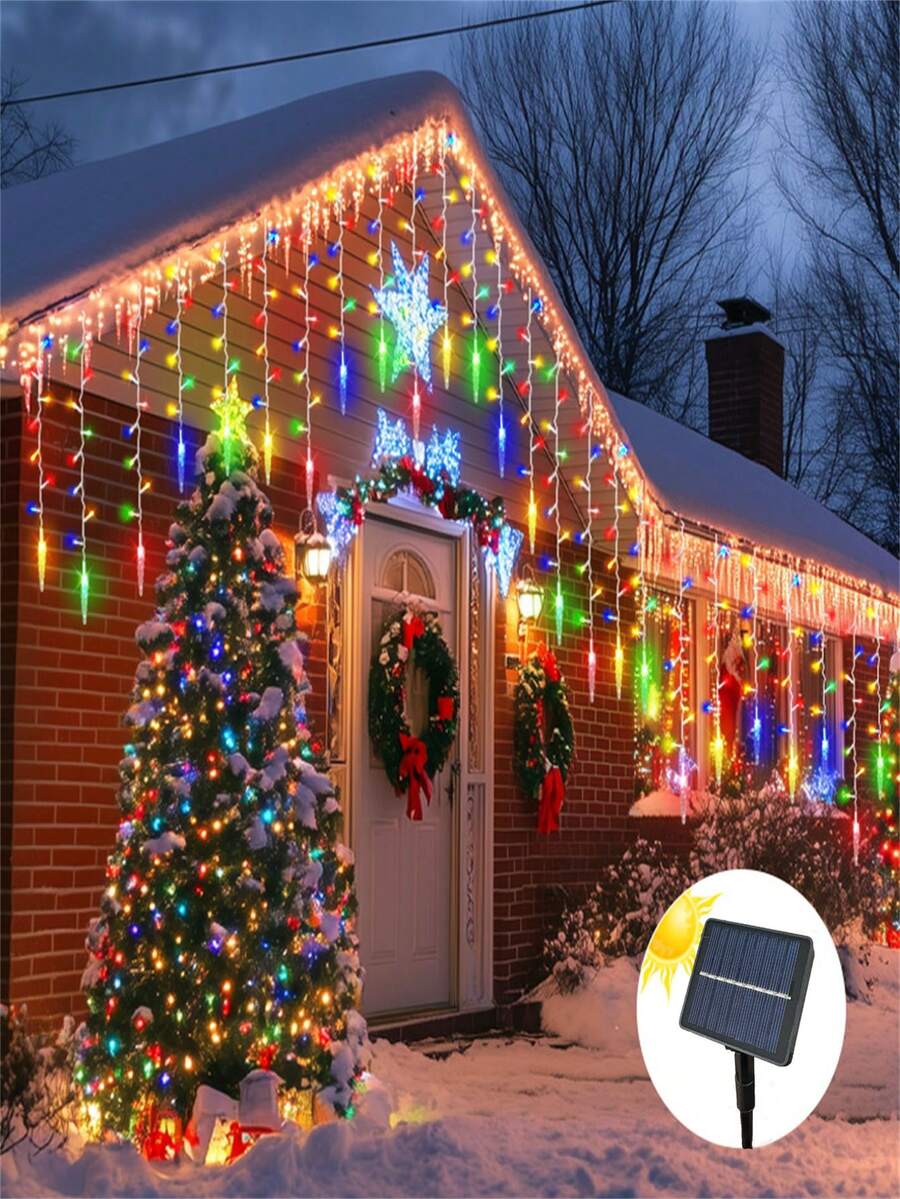 1pc Christmas Icicle Lights, Outdoor Camping Decorations Lights, 8 Modes, Suitable For Christmas Eaves Parties Weddings Villa Decorations, Solar Outdoor String Lights, Home Decorations, Christmas Decorations (300mAh)