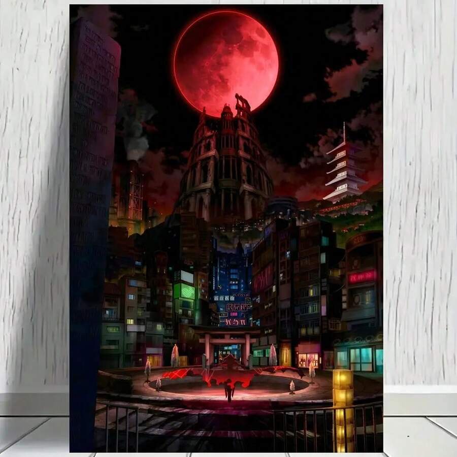 1pc Frameless The Eminence In Shadow Anime Poster Canvas Wall Art - Vibrant Cityscape Night Scene With Red Moon & Character Silhouette, 12x18 Inches, High-Quality Canvas Print For Bedroom Decor, Anime - 黑色 - 查看 1