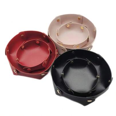 2pcs Circular PU Leather Storage Box, Minimalist Style Desktop Entryway Jewelry Makeup Organizer Tray