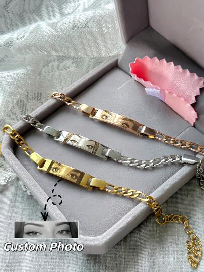 1pc Customized Couple Engraved Eye Photo Bracelet, Stainless Steel Laser Engraved Eye Photo Bracelet For Women, Customized Eye Photo Bracelet, Stainless Steel Figaro Chain Bracelet For Women, Customized Girlfriend Eye Bracelet, Personalized Jewelry Gift For Valentine's Day, Fashion DIY Photo Bracelet, Customized Photo Gift For Christmas, Customized Couple Photo Bracelet, Customized Birthday Gift, Gift For Couples/Family, Memory Bracelet, Customized Eye Photo Bracelet