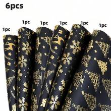 6 件/卷，12 件/卷，圣诞铝箔礼品包装纸，复古黑金色鹿，雪花，圣诞树图案，礼品包装纸，圣诞节 - 款式二黑色 - 查看 13