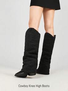 2025 Women Knee High Boots Western Cowboy Boots Chunky Heeled Warm Boots Slouch Tall Boots ,Fold Calf ,Side Zipper,Wide Calf - Đêm tối - Xem 2