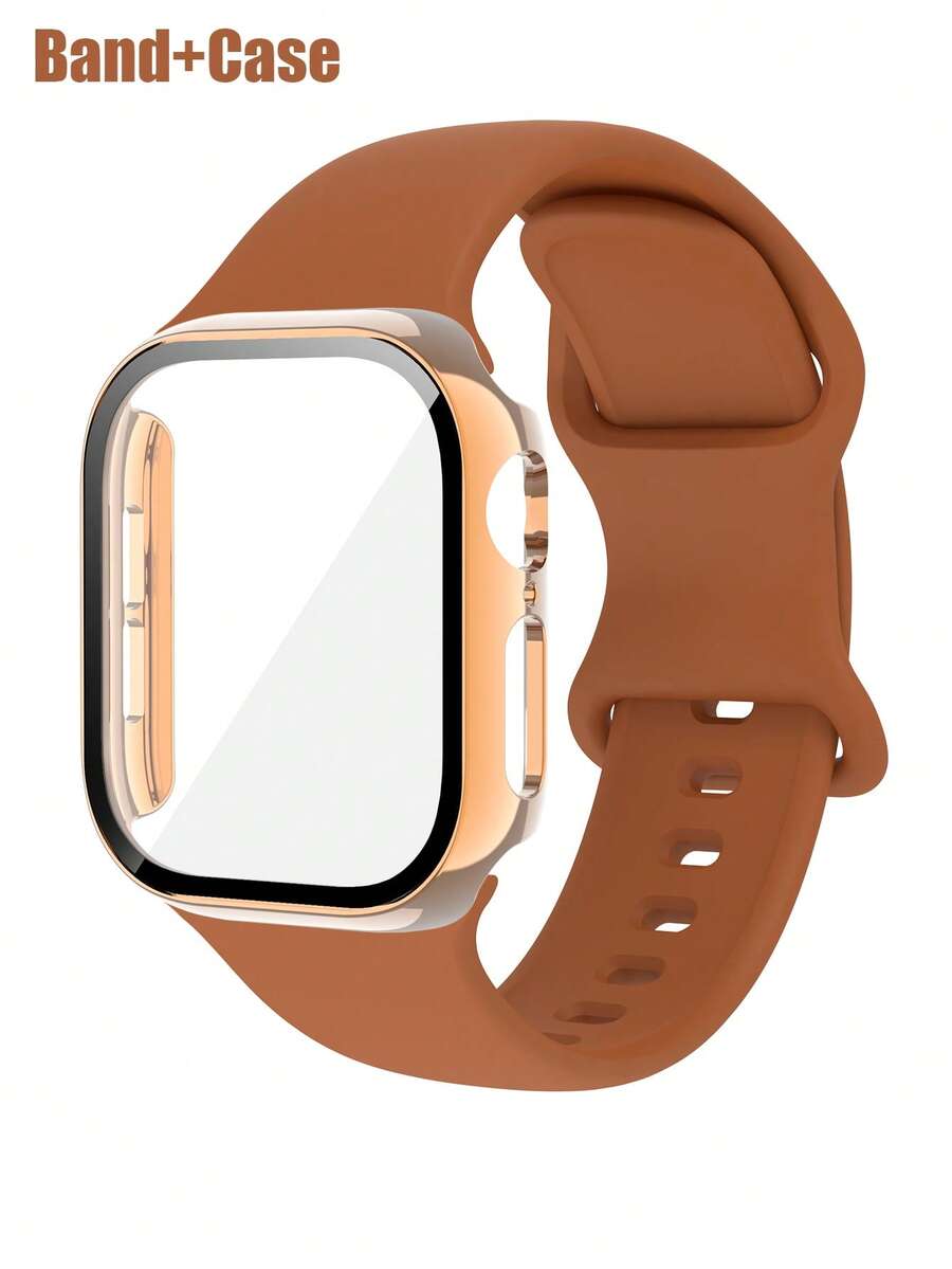 Band And Case Set Compatible With Apple Watch Band And Case , Soft And Comfortable Silicone Band, Drop-Resistant And Scratch-Resistant Hd Tempered Glass Screen Protector And Pc 2-In-1 Case. Compatible With Apple Watch Series Ultra/11/10/9/8/7/6/5/4/Se, 40/41/42/44/45/46/49mm Men'S And Women'S Bands. - Rose Gold - View 1