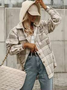 Damska kurtka w kratę z kapturem, luźny płaszcz z wełny w modnym stylu