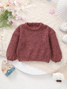 Baby Girl Round Neck Long Sleeve Casual Ribbed Solid Color Knit Sweater
