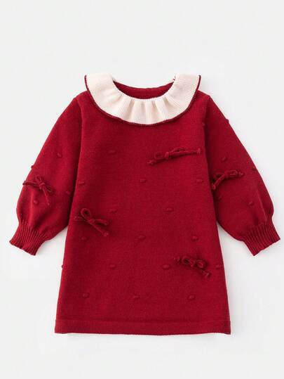 1pc Young Girls' Cute & Sweet Red Mushroom Print Long Sleeve Sweater Dress