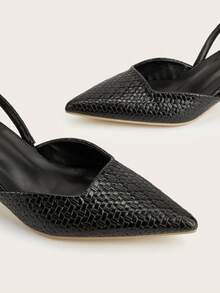 女士纯色皮革编织图案小猫跟鞋，优雅尖头高跟鞋，时尚踝带高跟鞋，正式场合婚礼派对鞋 - 黑色 - 查看 4