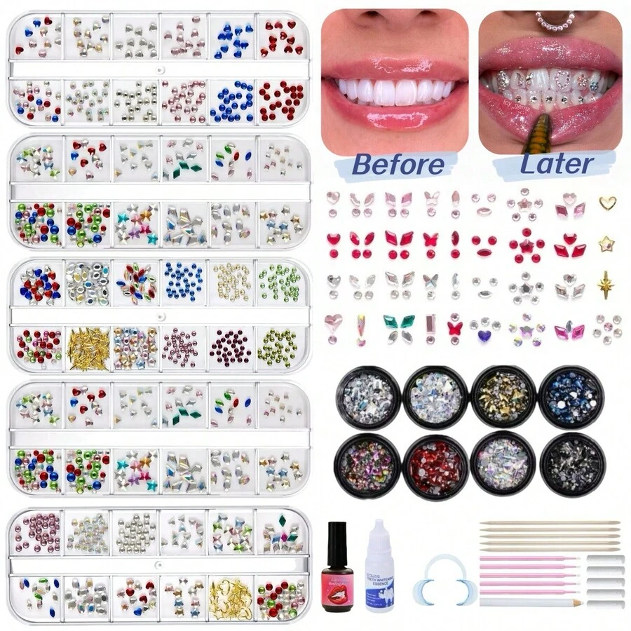 Bộ trang sức răng 39 món họa tiết hình học sáng tạo, đồ trang trí răng thời trang dễ thương nhiều màu sắc Y2K, bộ phụ kiện răng tự làm, dành cho cả nam và nữ (không cần keo, có hộp) - 39 chiếc nhiều màu - Xem 1