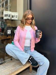 Women's Pink Knitted Cardigan, Casual Daily Wear & Date Outfit, Long Sleeve Front Button Sweater - Pink - View 2