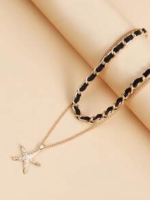 1 Women's Bohemian Style Interwoven Chain Necklace With Gold Diamond Cross Starfish Pendant, Butterfly Pendant - Gold-Plated Stacking Chain, Exquisite Everyday And Formal Jewelry, Bohemian Inspired Statement Piece, New Women's Necklace, Elegant Cross Necklace, Versatile Neckpiece Interwoven Design Suitable For Various Occasions Throughout The Year, - Style/Random - View 4