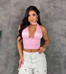 Cropped Turtleneck Adjustable Multi-Way Women's Simple Backless / Backless Hollow / Cut Out Holiday - Baby Pink - View 2