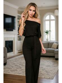 Palazzo , Mono de mujer con cinta , cuello asimétrico, mangas cortas y diseño moderno, largo y ligeramente ajustado. - Negro - Ver 2