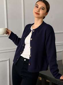 Livesso Cárdigan casual de unicolor, de manga larga para otoño-invierno, chaqueta de ropa de mujer para el otoño - Azul Marino - Ver 3