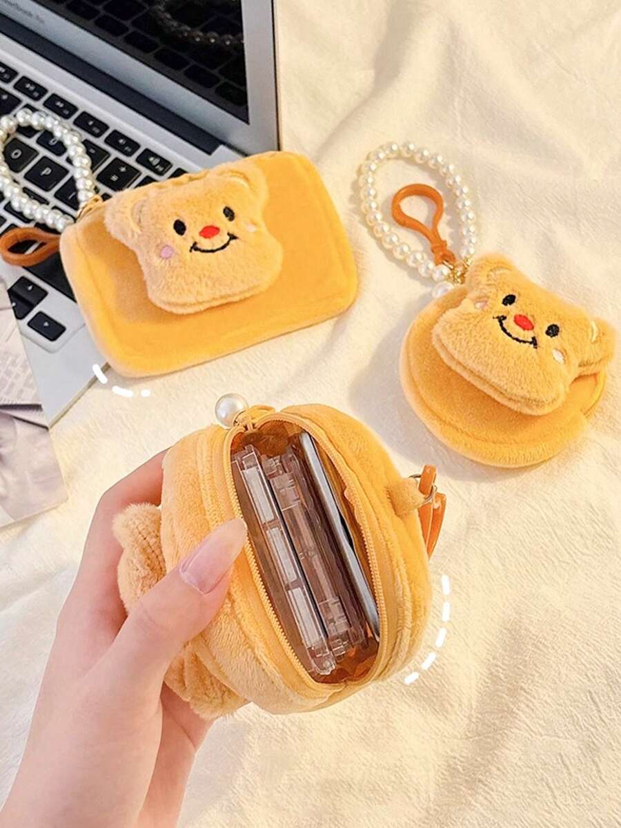 1PC Kawaii Bear Soft Plush Coin Pouch, Wallet With Zipper With Faux Pearl Keychain, Small Bag Change Purse For Women Plush Coin Purse Mini Storage Earphone Bag Cartoon Keychain Student School Bag Pendant Square Cosmetic Pouch With Wrist Strap Sanitary Tampon Storage Bag Christmas Gift Ideas Bag Accessories Lanyards With Id Holder Car Accessories Bag Charms