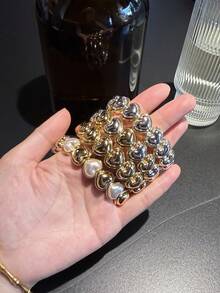 1 pieza Pulsera elástica minimalista y elegante con combinación de corazón de oro, plata y perla, adecuada para hombres y mujeres para uso diario y reuniones