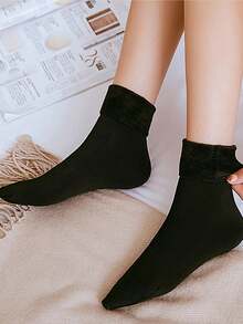 1 双纯色毛绒内衬中筒袜，简约保暖男女通用雪地筒袜，适合秋冬季，女士长袜和袜子，秋季 - 彩色 - 查看 4